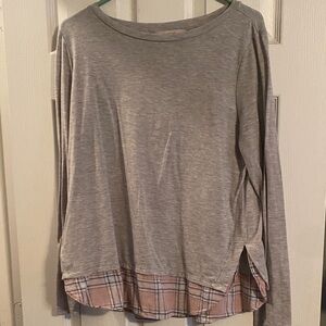 LOFT Gray Long Sleeve Top with Pink Plaid Hem